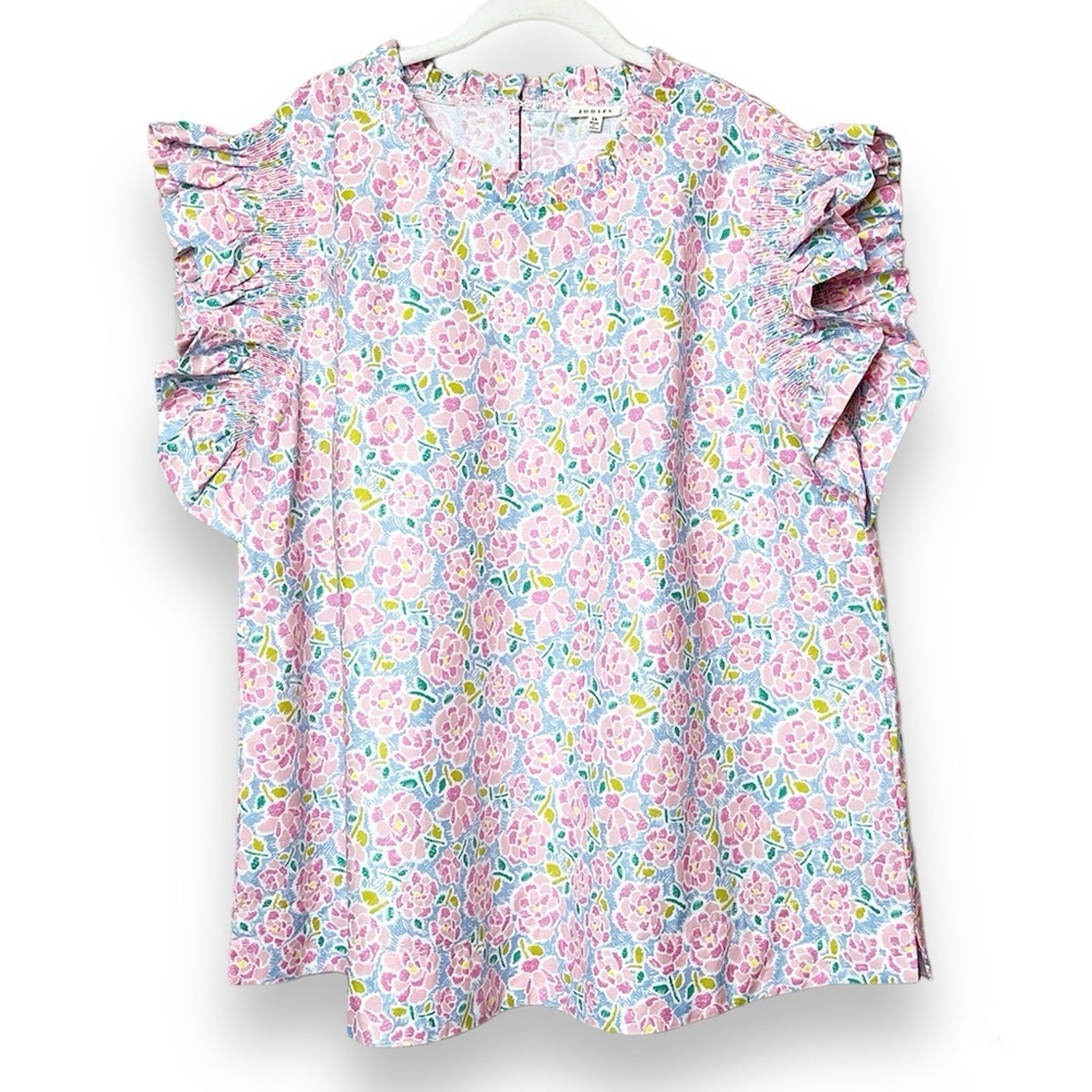 JODIFL Flutter Sleeve Top 3X pink floral ruffle blouse boxy high neck plus size